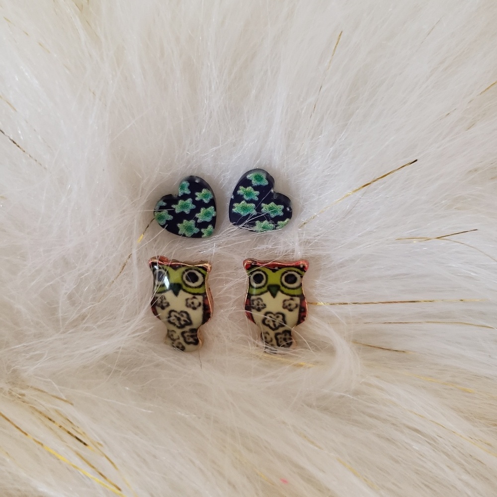 Heart and Owl Stud Earrings DOUBLE PAIR!